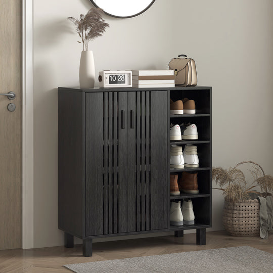 Shoe Storage with Double Doors and Open Shelves 17 Pair Shoe Storage Organizer for Entryway Hallway Black