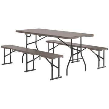 6FT 3PCS Faux Rattan Outdoor Camping Table Bench Set with Carrying Handles, Folding Picnic Table with 2 Benches, Brown