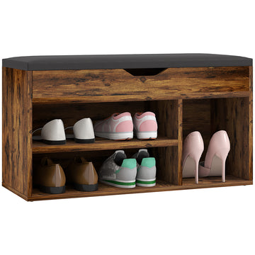 Shoe Bench Entryway Storage Rack with Padded Cushion, Hidden Storage for Hallway, Living Room, Rustic Brown