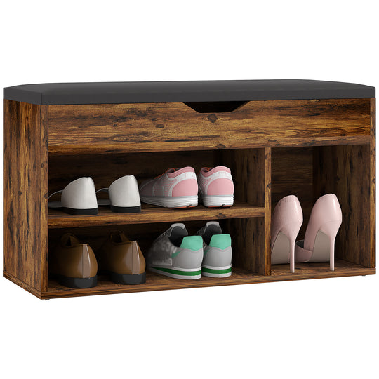 Shoe Bench Entryway Storage Rack with Padded Cushion, Hidden Storage for Hallway, Living Room, Rustic Brown