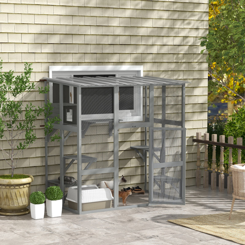 Outdoor Cat Enclosure Window Box with Weatherproof Roof, Bridge, Resting Box, Platforms, for 2 Kittens, Grey
