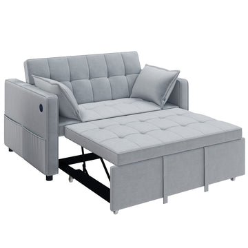 3‑in‑1 Convertible Sofa Bed, Pull Out Sleeper Sofa with USB Charging, Adjustable Backrest, Side Pockets, Light Grey