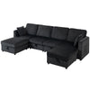 Modular Sofa, U-Shaped Corduroy Couch with Dual Storage Ottoman, Under-Seat Storage, 4 Pillows, Dark Grey