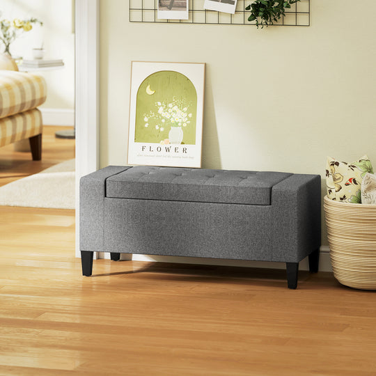 Storage Ottoman Bench Linen-Touch Fabric Tufted Chest Footstool with Flipping Top, Grey
