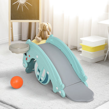 Qaba 3-in-1 Kids Slide And Rocking Horse Dual-Use Children Activity Equipment Portable Slide Indoor Outdoor Playground Toy W/ Basketball Hoop Toddler Birthday Gift, Age 1.5-3, Green