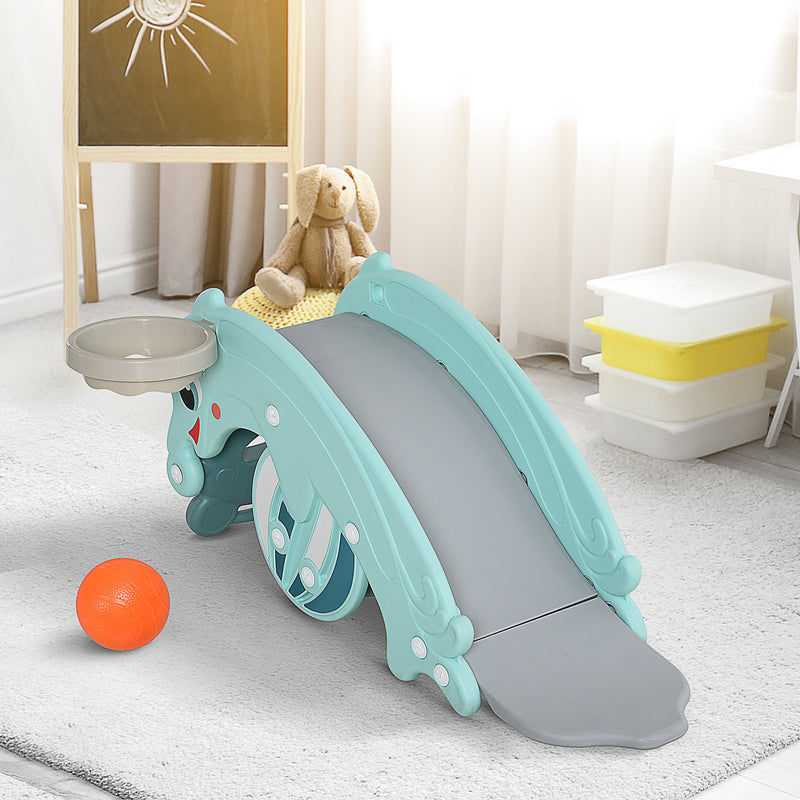 Qaba 3-in-1 Kids Slide And Rocking Horse Dual-Use Children Activity Equipment Portable Slide Indoor Outdoor Playground Toy W/ Basketball Hoop Toddler Birthday Gift, Age 1.5-3, Green