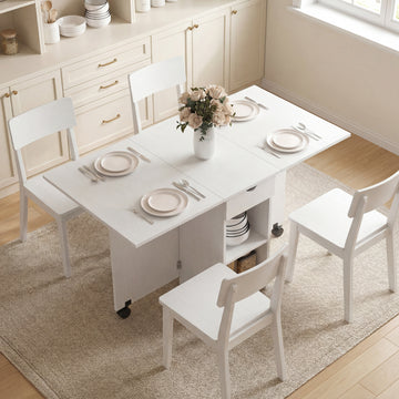 Folding Dining Table with Storage, Drop Leaf Kitchen Table with Drawer and Shelves for Small Spaces, White