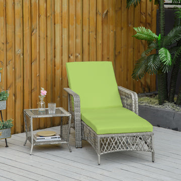 2 Pieces Wicker Patio Lounge Set w/ Cushions, Outdoor PE Rattan Sun Lounger Sets w/ 5-Level Reclining Chaise Chair & Two-tier Glass Top Coffee Table, Green