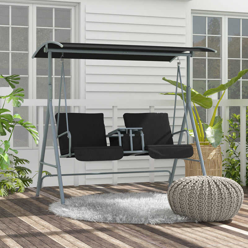 2-Seater Outdoor Porch Swing with Adjustable Canopy and Table, Patio Swing Chair for Garden, Poolside, Backyard, Black