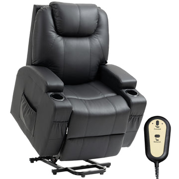 Power Lift Recliner Chair for Elderly, PU Leather Lift Chair with Thick and High Back, Footrest, Remote, Side Pockets, Cup Holders, Reclining Sofa for Living Room