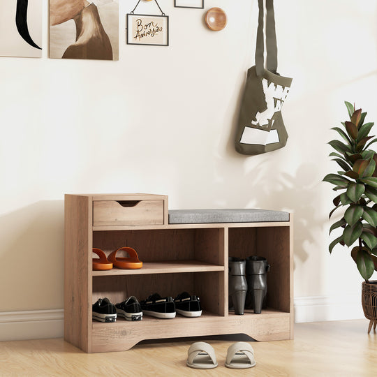 Upholstered Shoe Storage Bench, Hallway Shoe Storage with Seat, Drawer, 3 Open Shelves for Entryway, Grey