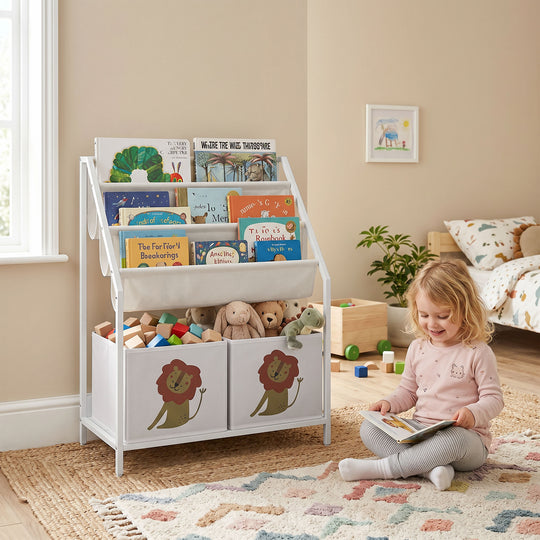 Kids Bookshelf, 3-Tier Sling Bookshelf with Toy Storage, Montessori Toy Organizer with Non-Woven Drawers for Kids Room