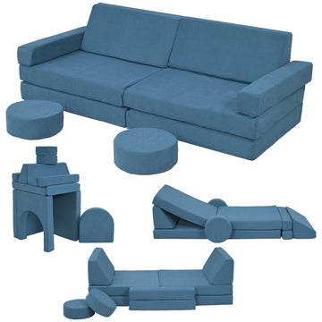 Qaba 12-Piece Modular Kids Play Couch Building Fort for Playroom Bedroom, Convertible Kids Sofa, Blue