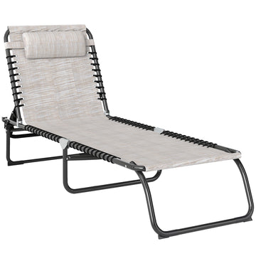 Outdoor Folding Lounge Chair, 4-Level Adjustable Chaise Lounge with Headrest, Tanning Chair Beach Bed, Reclining Lounger Cot for Camping, Hiking, Backyard, Cream