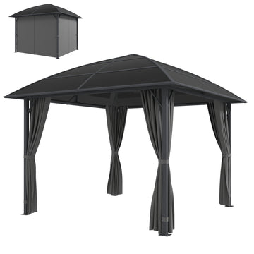 10' x 10' Hardtop Gazebo, Outdoor Gazebo Canopy with UV60+ Polycarbonate Roof, Curtains, Central Hook and Steel Frame for Garden, Lawn, Backyard, Deck, Light Grey