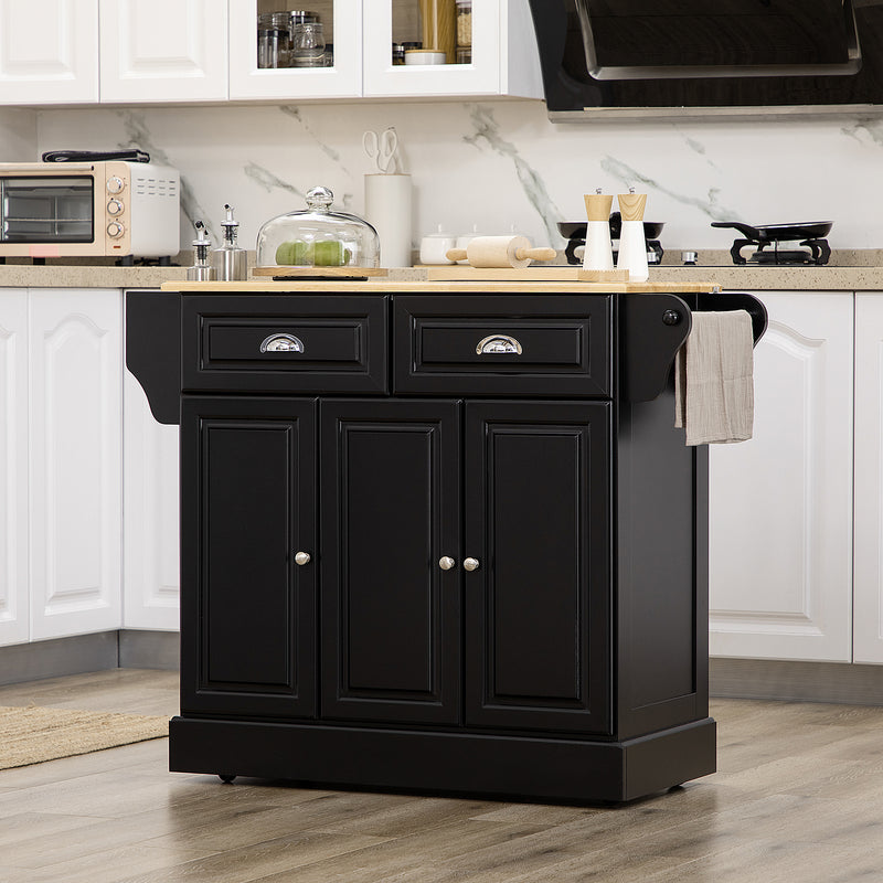 Kitchen Island with Storage Rolling Kitchen Serving Cart with Rubber Wood Top Towel Rack Storage Drawer Cabinet