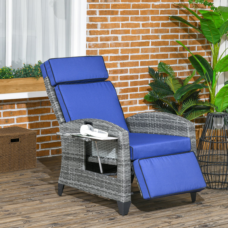 Outdoor Recliner Chair with Adjustable Backrest, Cushion, Side Tray, Dark