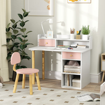 Qaba Kids Study Table and Chair Set, Kids Desk and Chair Set w/ Storage and Shelves, for 3-8 Year Old, Pink