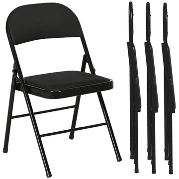 Set of 4 Metal Foldable Chairs, Linen Fabric Padded Folding Chairs with Cushion Seat and Open Back for Indoor, Black