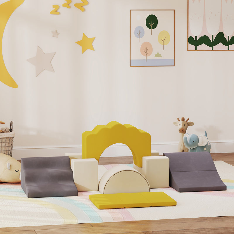 Qaba 7-Piece Baby Soft Play Set, Indoor Soft Play Gym Activity Play Set for Crawling, Sliding and Playing, Yellow