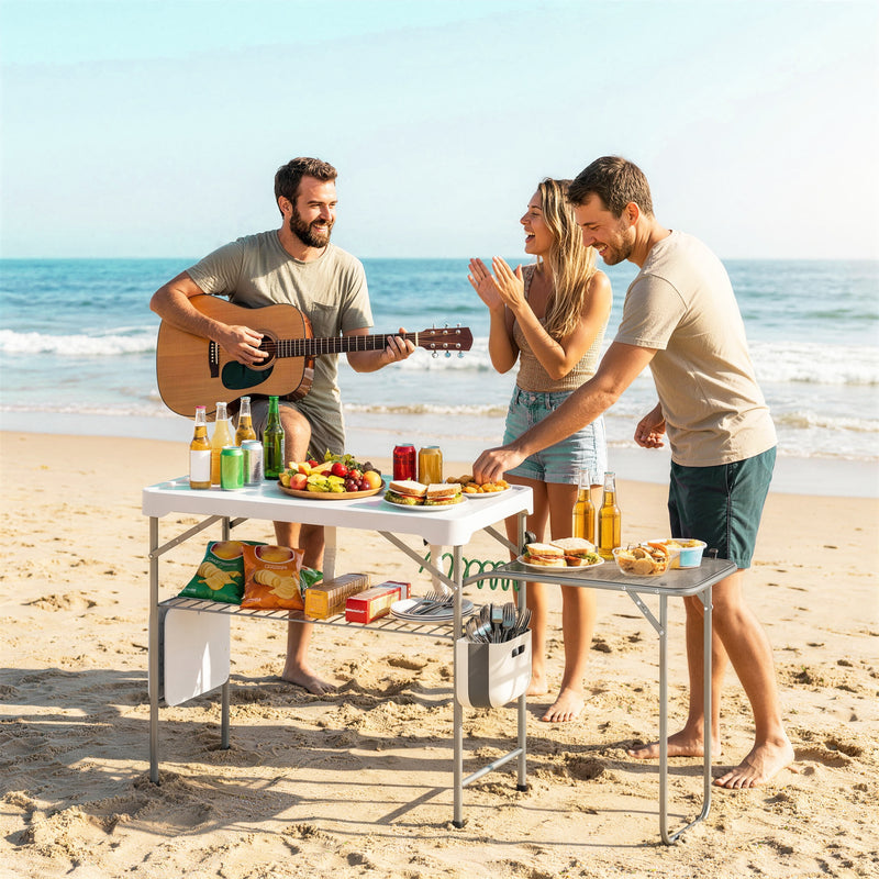 Fish Cleaning Table Folding Sink Portable Camping Sink with Side Shelf & Bottom Rack for Outdoor White