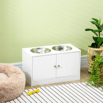 Elevated Dog Bowls for Large Dogs Pet Feeding Station with Stand, Storage, 2 Stainless Steel Food and Water Bowls, White, 23.6