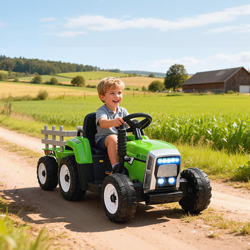 12V Kids Ride on Tractor with Trailer, Remote Control, Music Start up Sound and Horn, USB, LED Lights, Green