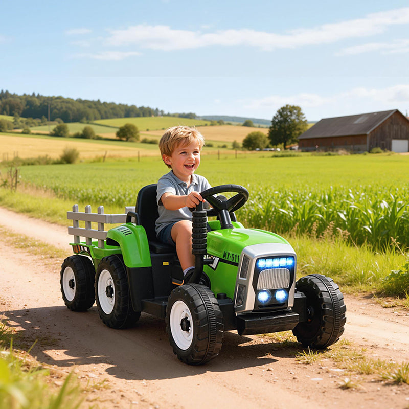12V Kids Ride on Tractor with Trailer, Remote Control, Music Start up Sound and Horn, USB, LED Lights, Green