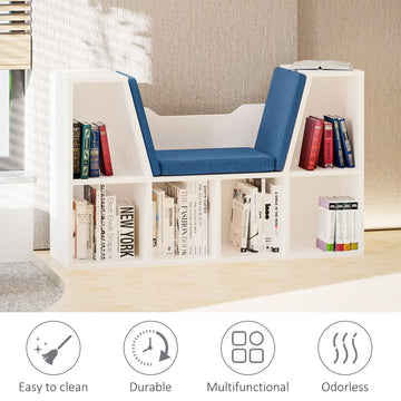 Bibliothèque à 6 casiers avec coussin de siège, étagère de rangement cubique avec coin lecture pour bureau ou salle d'étude, bleu