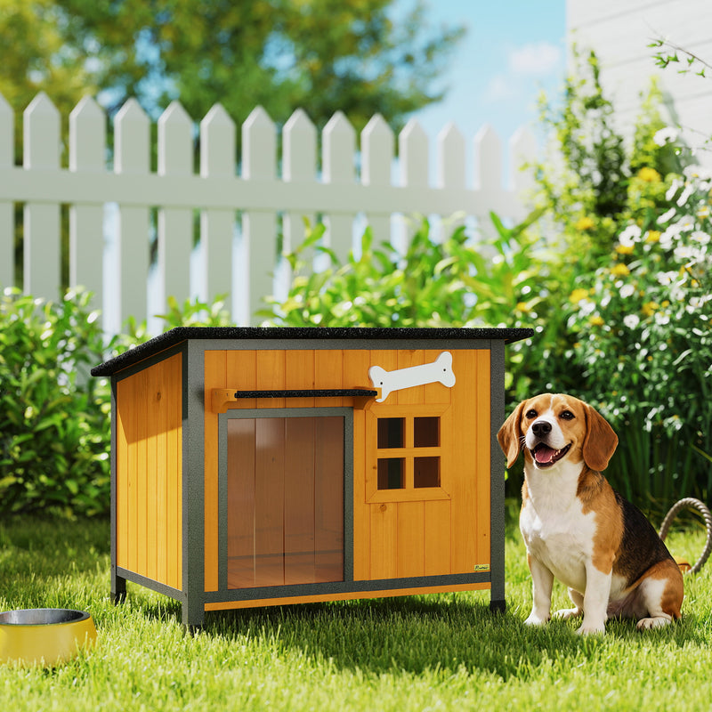 Outdoor Dog House with Anti-Chewing Steel Frame, Openable Roof, Removable Floor, Door Curtain, Yellow