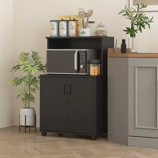 Chariot de micro-ondes sur roulettes, buffet de rangement utilitaire avec armoire à 2 portes, grain de bois noir