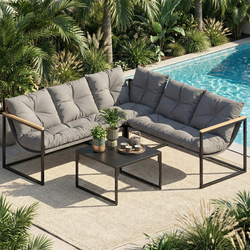 4 Piece Patio Furniture Set with Thick Cushions and Coffee Table, Patio Conversation Set for Porch, Balcony, Deck, Grey