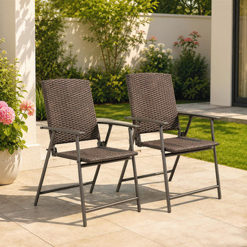 Outdoor Wicker Dining Chair Set of 2, 2 Pieces Rattan Foldable Chair with Steel Frame for Garden, Backyard, Porch, Brown