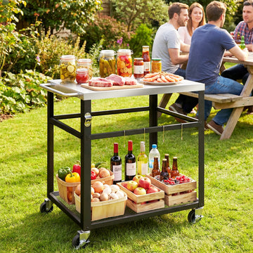 Outdoor Grill Cart with Stainless Steel Tabletop, 2-Tier Kitchen Prep Station with Hooks, Lockable Wheels, Black