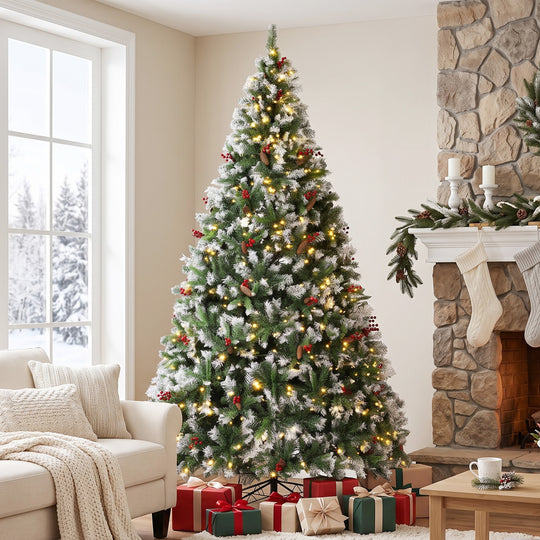 9ft Flocked Prelit Christmas Tree Spruce, Dual Colour, Remote, Hinged Artificial Xmas Tree with Pinecones, Berries