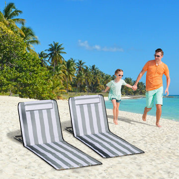 2 Pieces Beach Lounge Chair, Outdoor Folding Chaise Lounge Set w/ Pillow for Sunbath, Snap, Light Grey and White