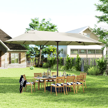 15' Outdoor Patio Umbrella with Twin Canopy Sunshade Steel Table Umbrella w/ Lift Crank, Cross base, Sandbag, Cream