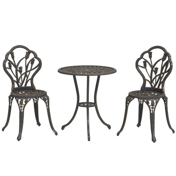 3PCs Patio Bistro Set, Outdoor Cast Aluminum Garden Table and Chairs with Umbrella Hole for Balcony, Bronze