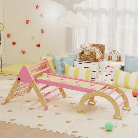 Ensemble Triangle de Pikler 8-en-1 Qaba, jouets d'escalade en bois pliables avec arche, rampe et échelle, pour 18 à 48 mois, rose