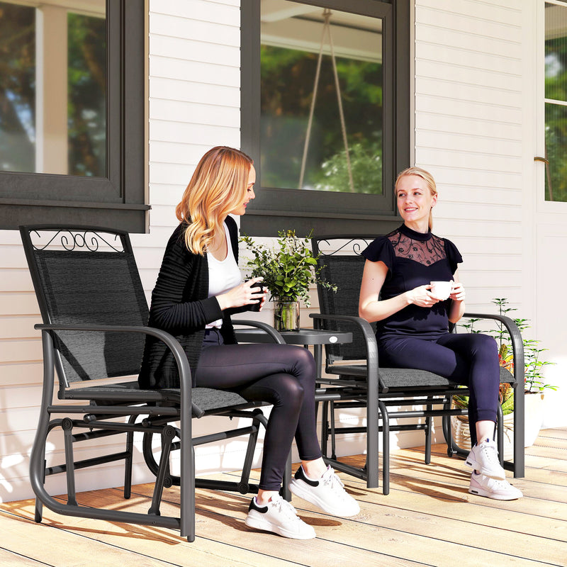 Outdoor Glider Bench with Coffee Table, Patio 2-Seat Rocking Chair Swing Loveseat with Breathable Sling for Backyard Garden Porch, Black