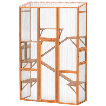 Wooden Catio Outdoor Cat Enclosure with 6 Jumping Platforms, Scratching Post, 2 Ramps, Waterproof Roof, Orange