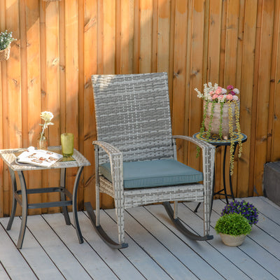 Outdoor PE Rattan Rocking Chair, Garden Glider Rocking Chair, Wicker Patio Chair Set with Armrest and Cushion, Grey