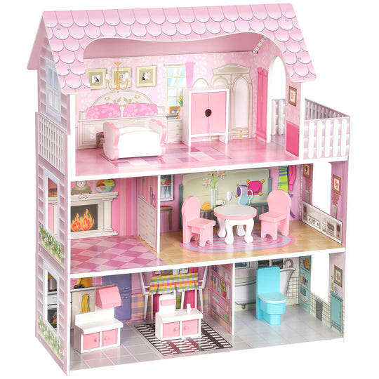 Dollhouse with 8 PCS Accessories, Dreamhouse Villa with LED Light, 3-Story Doll House with 6 Rooms for Girls 3-6 Years