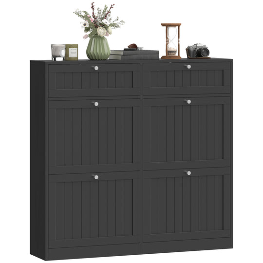 Shoe Cabinet with 2 Large Flip Drawers, Farmhouse Narrow Shoe Storage Cabinet with 2 Top Compartments, Black