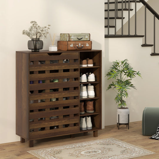 Shoe Cabinet, 21 Pair Shoe Storage Cabinet Organizer with 5-tier Double Door Cupboard and 5-tier Open Shelves, Brown