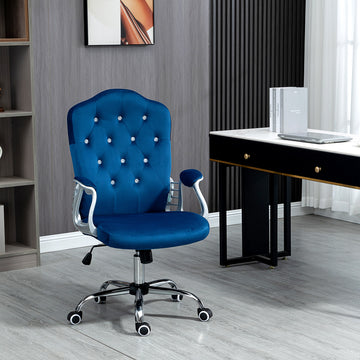 Office Chair, Velvet Computer Desk Chair with Swivel Wheels, Adjustable Height, Tilt Function, Button Tufted, Blue