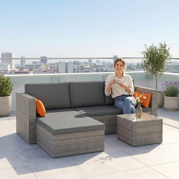 3-Piece Patio Furniture Set Modern Sectional Sofa Rattan Chair Wicker Conversation Set Outdoor Hand Woven Rattan Wicker Furniture Patio Coffee Table Sofa Set, Grey