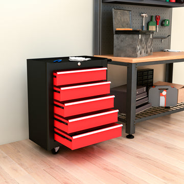 Rolling Tool Chest, 5-Drawer Lockable Tool Cabinet with 4 Wheels, Handle, Toolbox Storage Organizer for Garage, Workshop, Repair Shop, Red