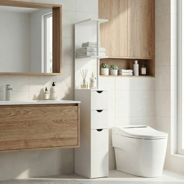 Tall Bathroom Storage Cabinet, Narrow Bathroom Cabinet with Drawers and Open Shelves for Small Spaces, White