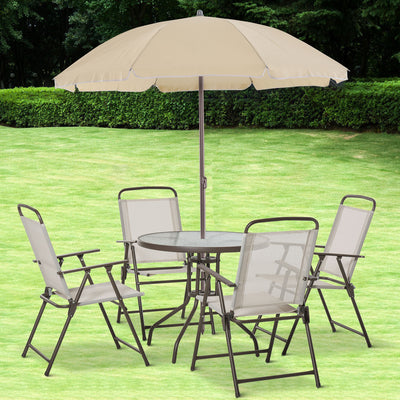 6 Pieces Outdoor Dining Set for 4 with Umbrella Patio Outdoor Furniture Set with Round Table 4 Folding Chairs Cream